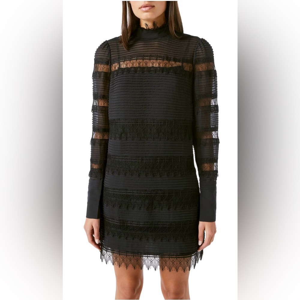 FRAME Nora Black Elegant Long Sleeve Silk Lace Overlay Shift Dress Small 🖤